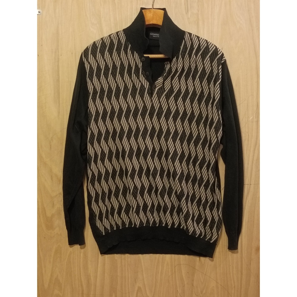 Gionfriddo Made in Italy Mens XXL Black Diamond Geometric Knit Polo Sweater